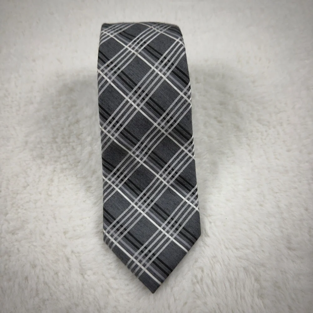 Express Mens Grey Plaid Necktie Black White Checkered Formal Business Tie